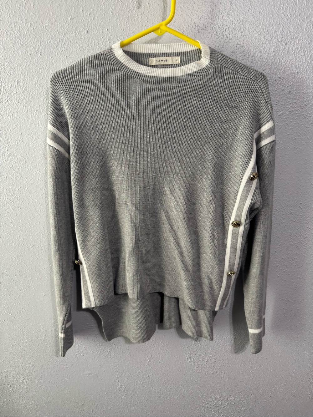 Rivir Gray Crewneck Sweater with Contrast Trim and Side Buttons small